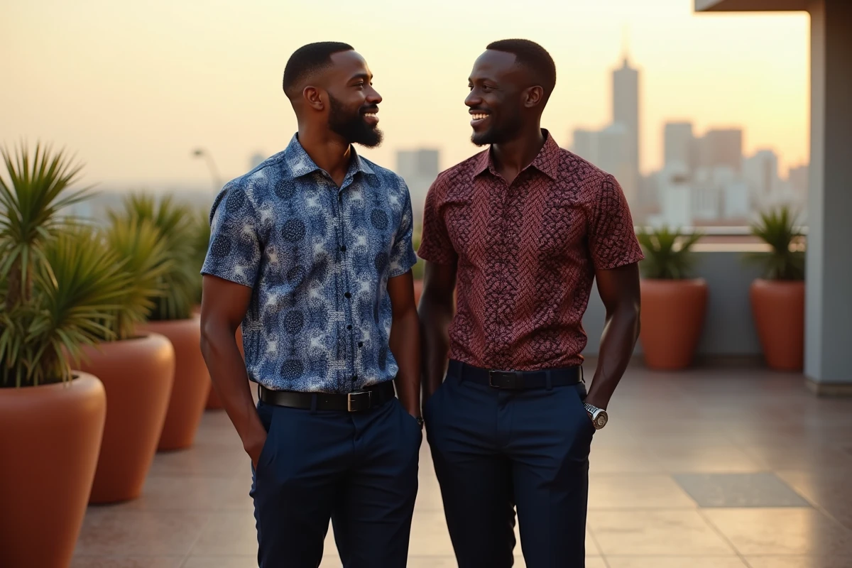 Deux hommes en chemises africaines assorties et pantalons habillés marine lors d'une fête sur rooftop urbain