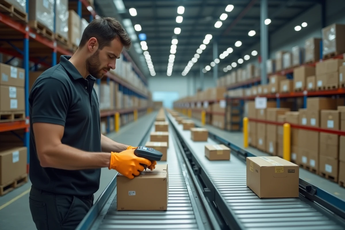 Entrepôt logistique français avec convoyeurs de colis et employé scannant des étiquettes de livraison