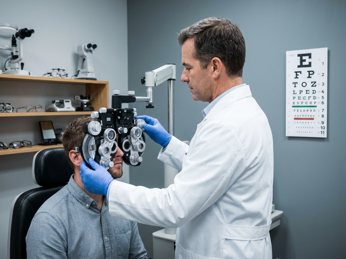 Opticien réalisant un examen de vue avec un phoropter sur un patient lors d'une consultation en magasin