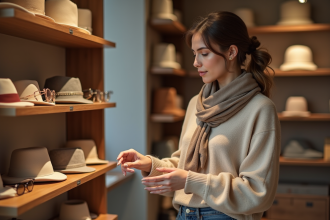 Jeune femme choisissant un foulard dans une boutique élégante