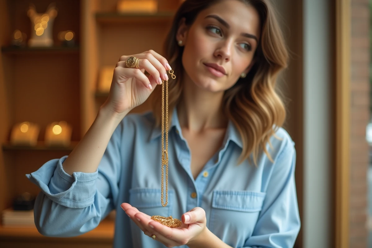 Jeune femme examinant une chaîne en or dans une boutique élégante