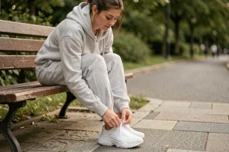 Femme assise sur un banc de parc attachant ses baskets blanches confortables à semelles épaisses