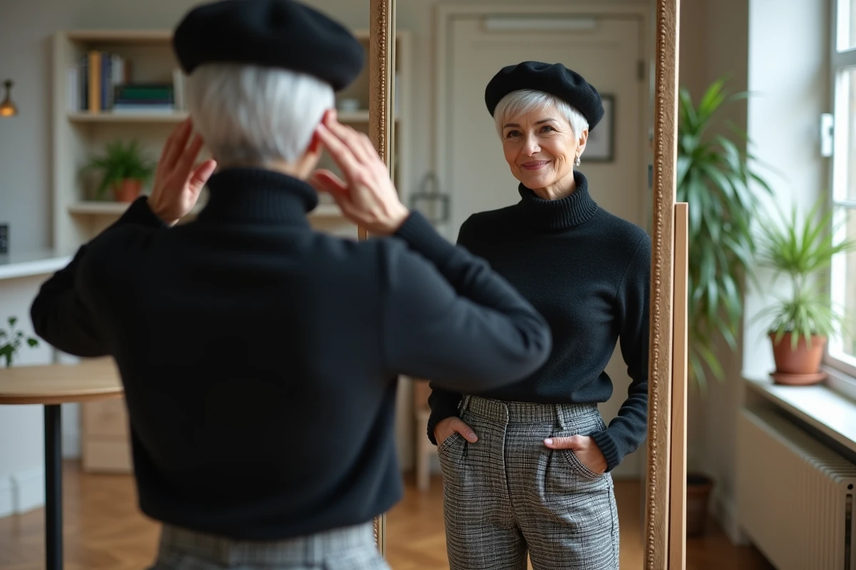 Femme ajustant un beret dans un appartement moderne