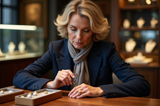 Femme élégante examinant une bague en or avec une loupe