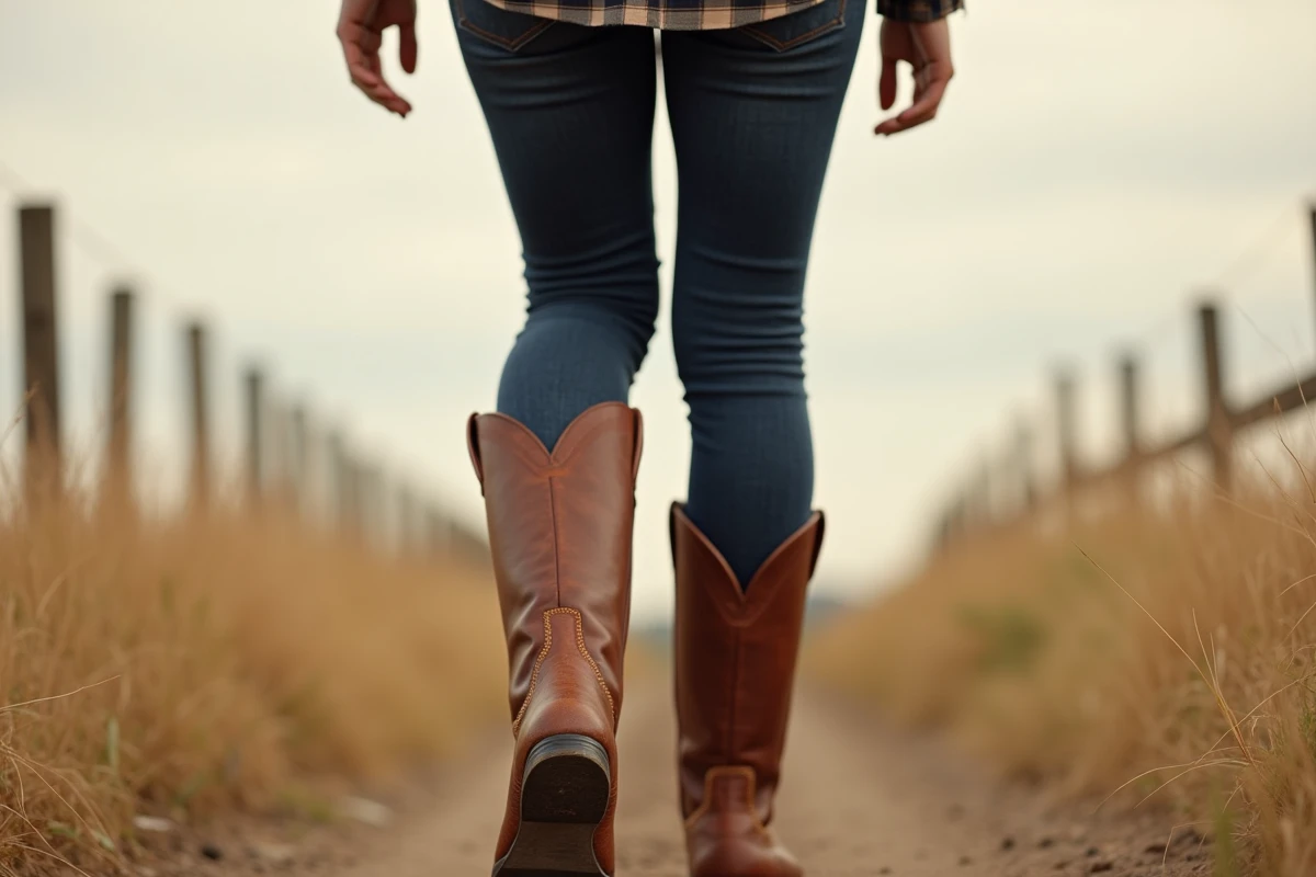 Femme portant des bottines country en cuir marron marchant sur un chemin de terre à la campagne