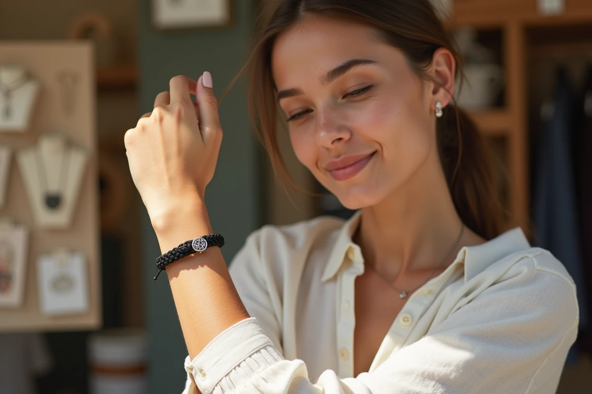 Femme examinant un bracelet cordon minimaliste noir avec fermoir argent à un marché artisanal