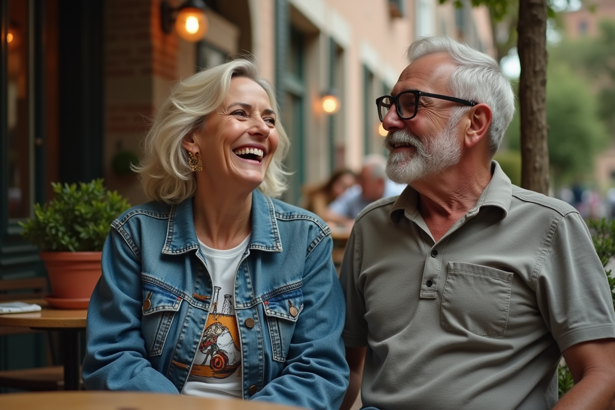 Femme en denim vintage et homme moustachu au café
