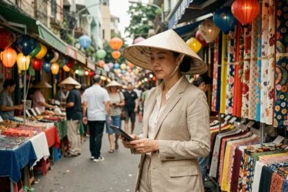 Femme portant un chapeau asiatique conique traditionnel dans un marché moderne, illustrant le débat sur le port du chapeau chinois en 2026