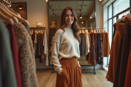 Femme élégante en jupe automne dans une boutique