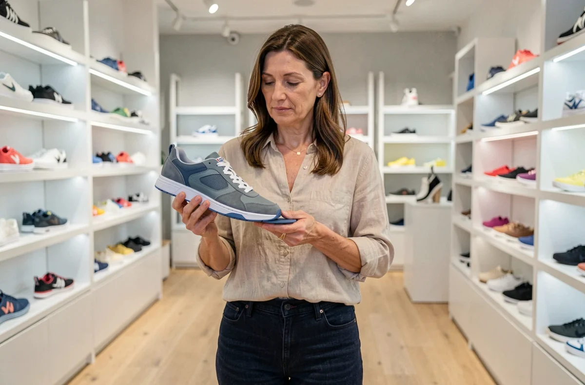 Femme en magasin examinant la semelle intérieure d'une basket confortable pour femme
