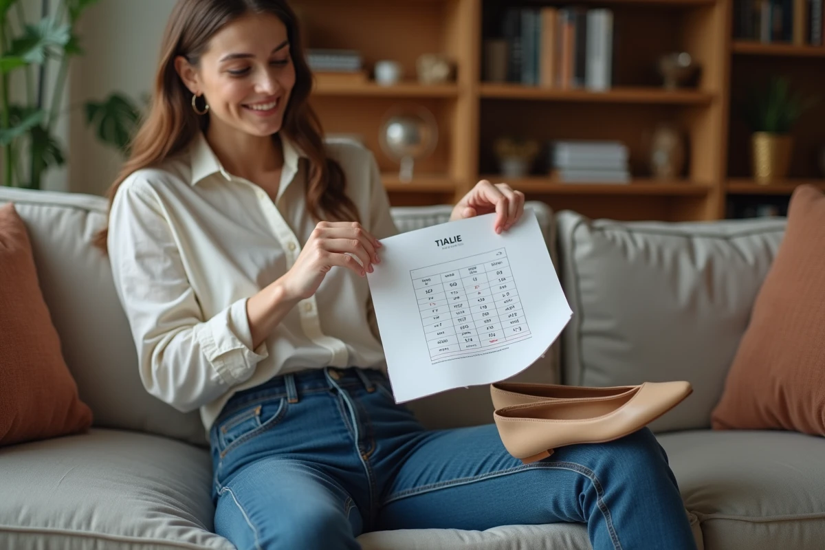 Jeune femme compare ses pieds à un guide de pointure chaussures