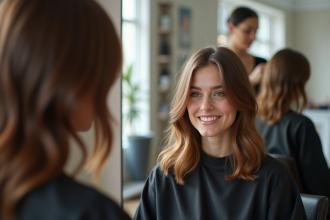 Jeune femme souriante dans un salon moderne en train de se faire coiffer