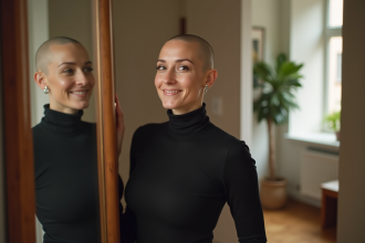 Femme confiante au miroir dans un appartement lumineux