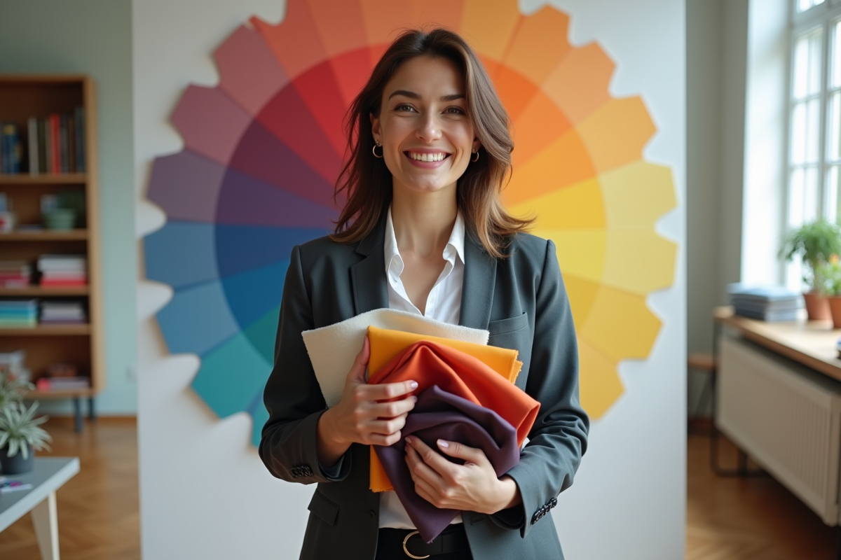Femme comparant des échantillons de tissus dans un studio moderne