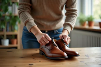 Femme en train d'étirer des chaussures en cuir avec un embauchoir