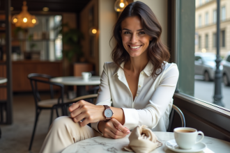Femme élégante portant une montre design lors d'un café