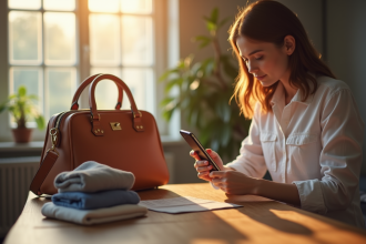 Jeune femme éteignant son smartphone sur la table