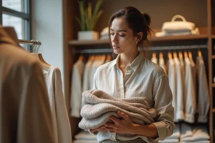 Femme consultant une étiquette de taille dans une boutique de vêtements pour comparer les équivalences de tailles entre l'Australie et la France