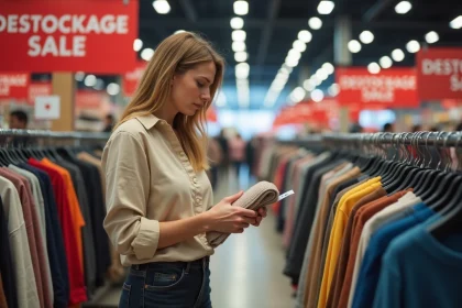 Femme inspectant une étiquette de prix sur un vêtement lors d'un grand déstockage en magasin