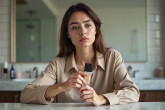 Femme examinant un fond de teint dans sa salle de bain moderne