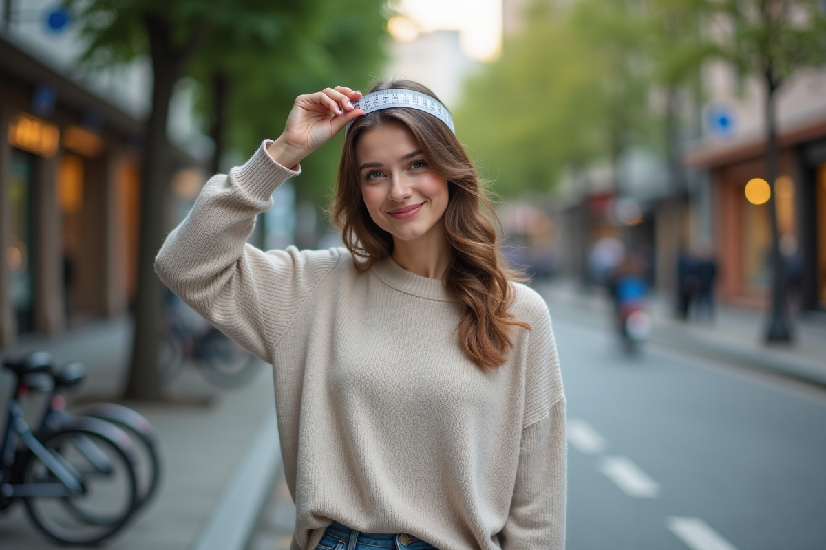 Femme mesurant sa tête avec un ruban dans la rue