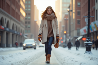Jeune femme élégante marchant dans la neige en hiver