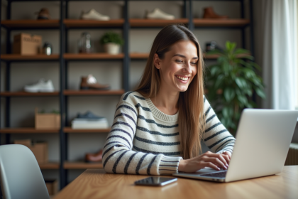Jeune femme souriante utilisant un ordinateur dans un intérieur cosy