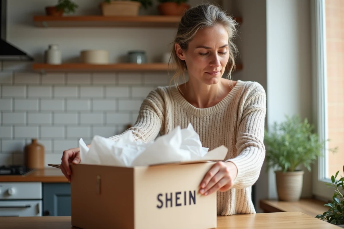 Femme ouvrant un colis SHEIN livré à domicile dans une cuisine moderne française