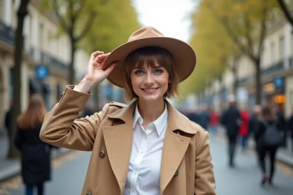 Jeune femme parisienne en trench et chapeau
