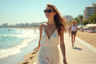 Jeune femme en robe d'été souriante sur la plage