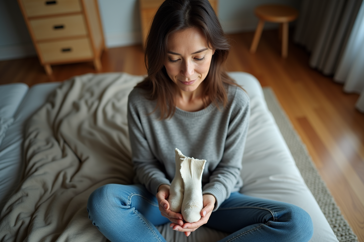 Femme d'âge moyen inspectant des chaussettes usées dans sa main