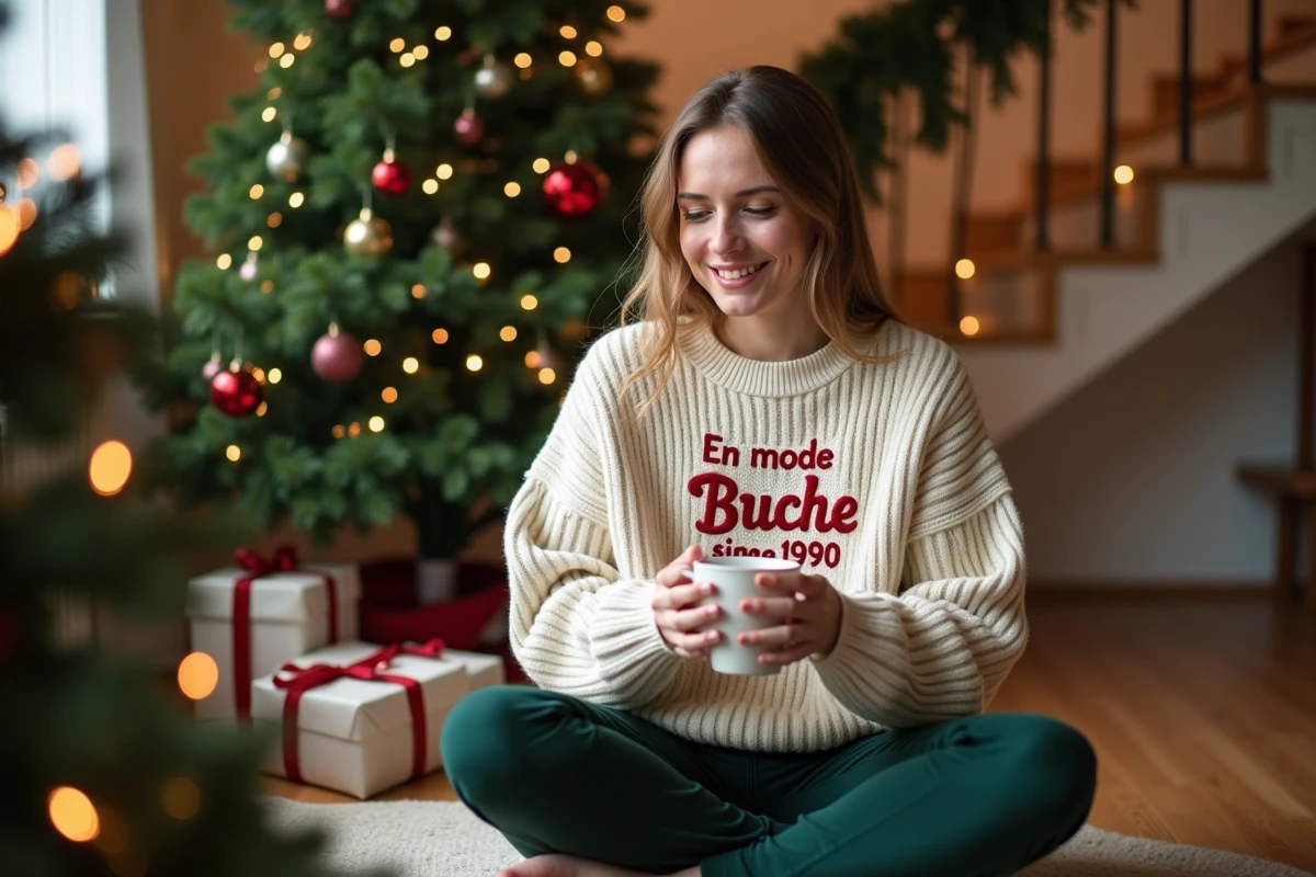 Femme en pull de Noël personnalisé avec un message amusant assise près du sapin tenant un mug de chocolat chaud