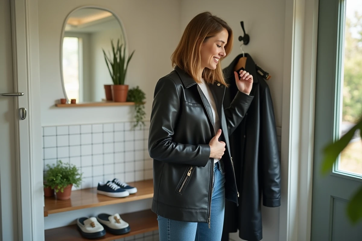 Femme accroche son blouson en cuir dans un mudroom lumineux