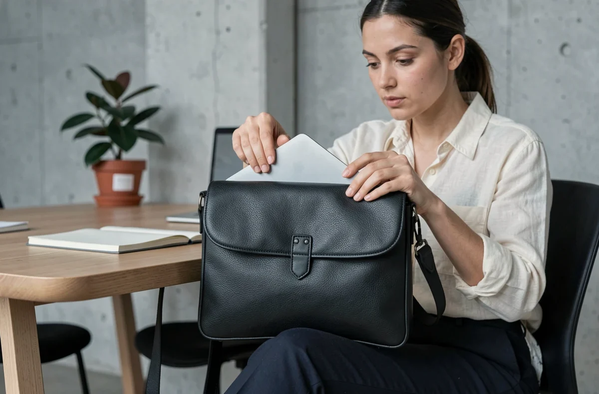 Femme insérant un ordinateur portable dans une sacoche cuir noir bandoulière dans un espace de coworking moderne