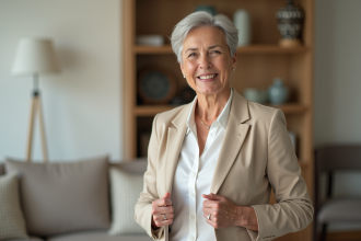 Femme élégante de 60 ans en blazer beige souriante