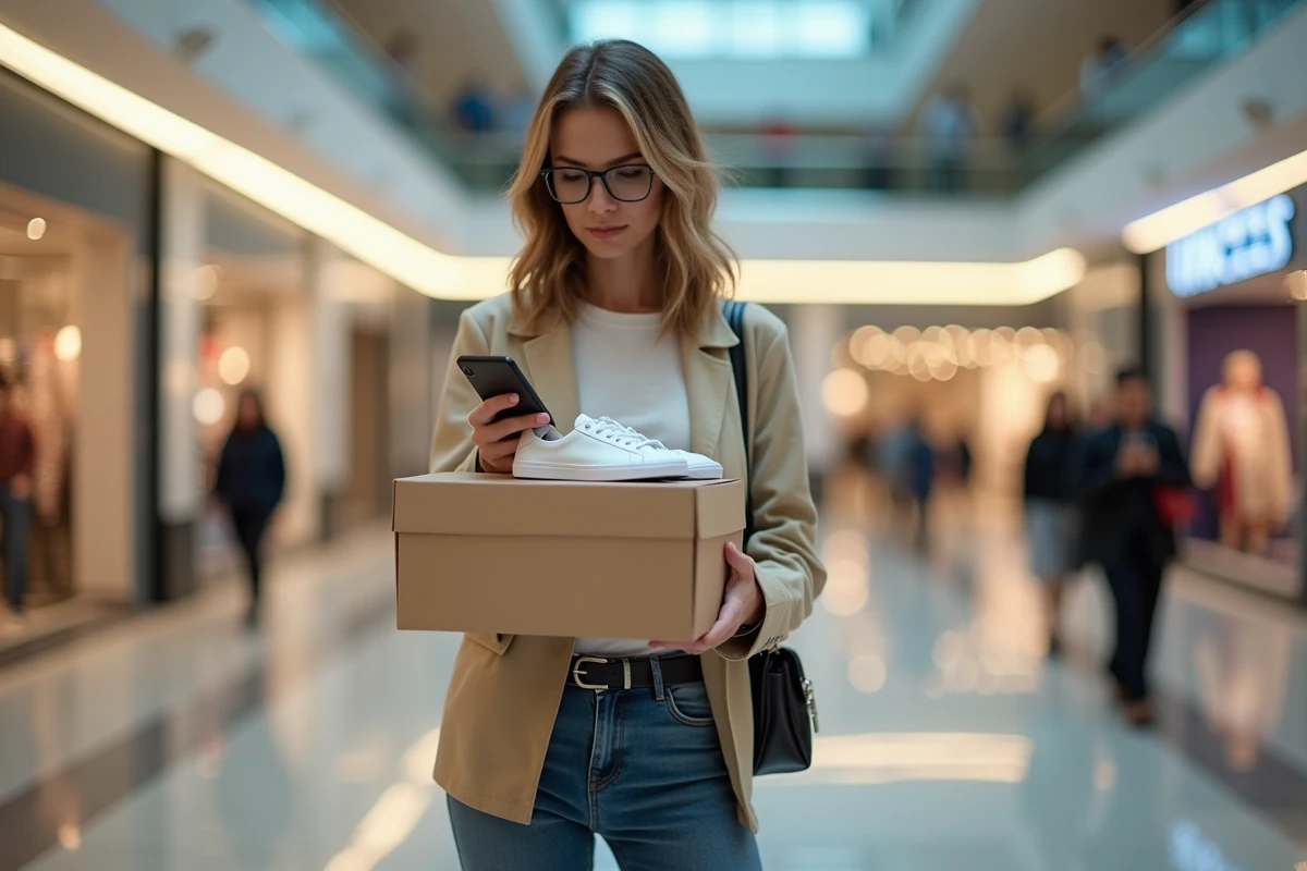 Femme dans un centre commercial tenant une boîte de sneakers neuves