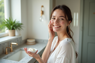 Femme appliquant crème visage dans salle lumineuse