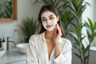 Femme appliquant un masque visage naturel dans une salle de bain élégante