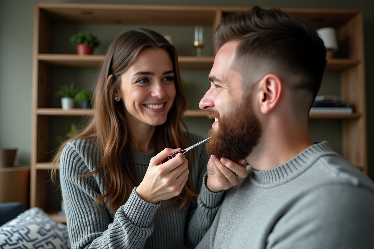 Femme souriante qui coupe la barbe de son partenaire à la maison