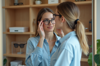 Femme élégante essayant des lunettes dans une boutique moderne
