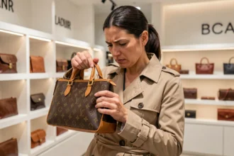 Femme examinant un sac à main monogramme dans un magasin outlet de luxe, vérifiant l'authenticité des coutures et de la quincaillerie