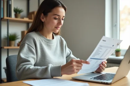 Femme consultant une facture en ligne sur son bureau à domicile pour vérifier les frais d'un site e-commerce