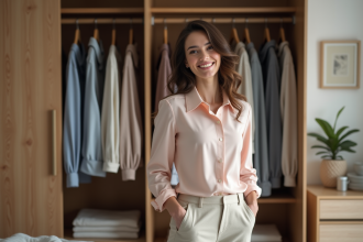 Femme souriante choisissant des vêtements dans une garde-robe