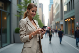 Femme élégante en ville avec blazer et smartphone