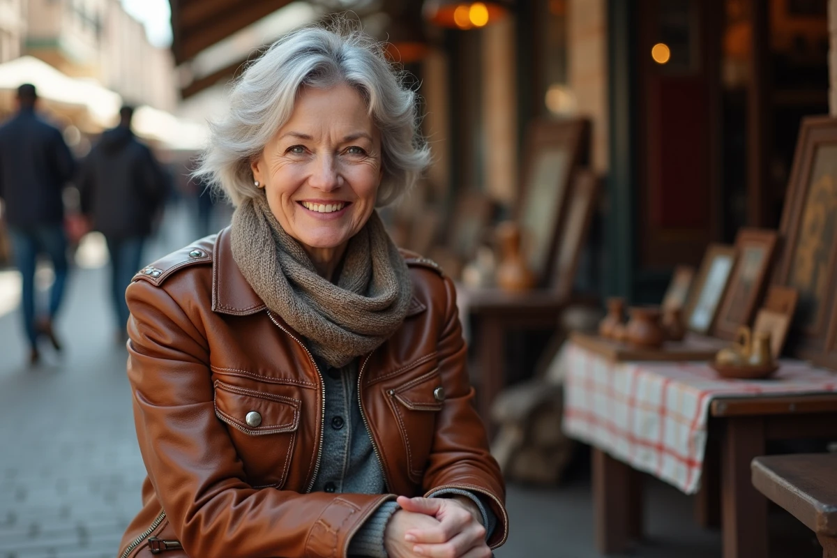 Femme en veste en cuir vintage dans un marché en plein air