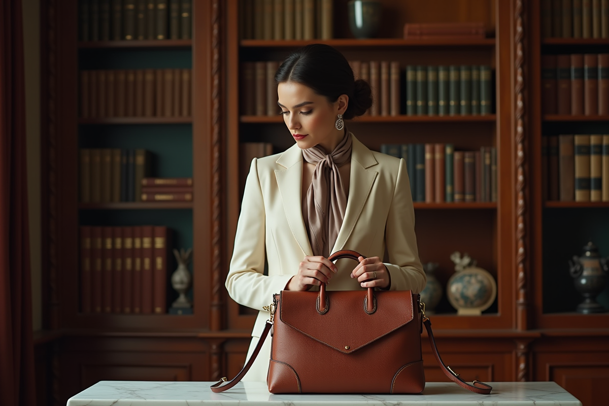 Femme élégante avec sac vintage rare dans un bureau luxueux