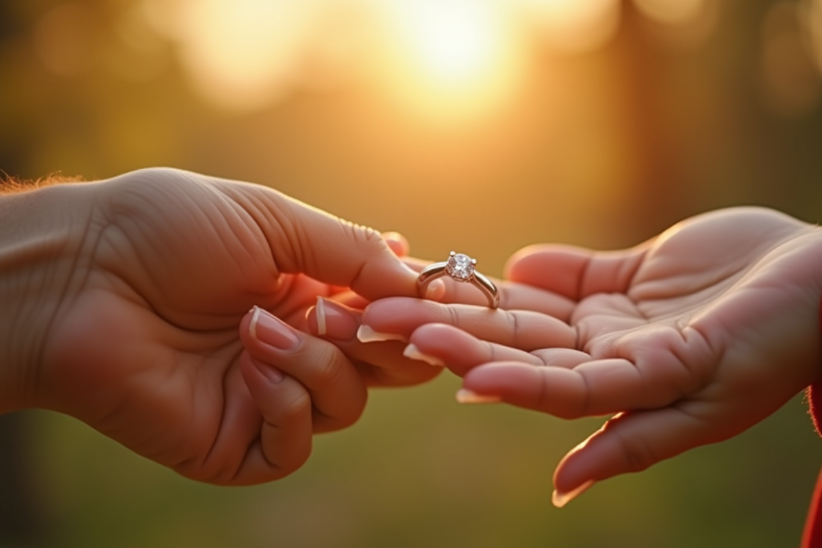 Deux mains échangeant une bague dans une lumière chaleureuse