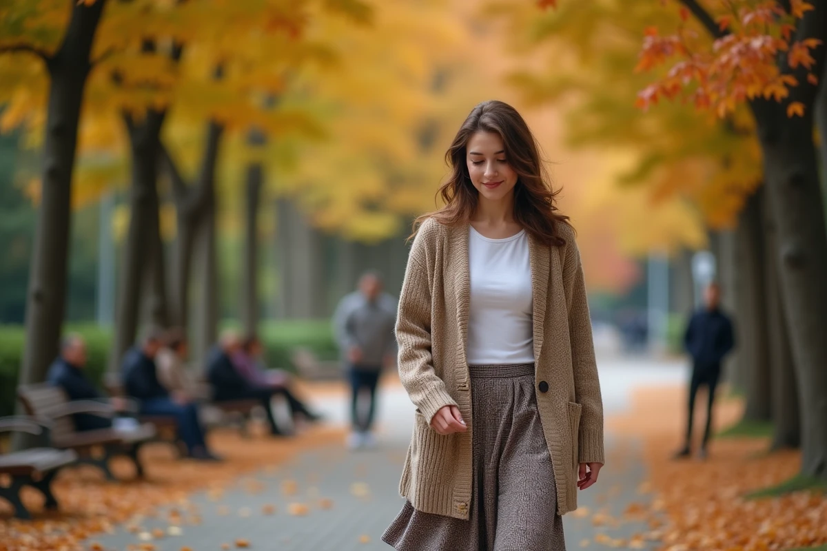 Jeune femme dans un parc automnal avec jupe