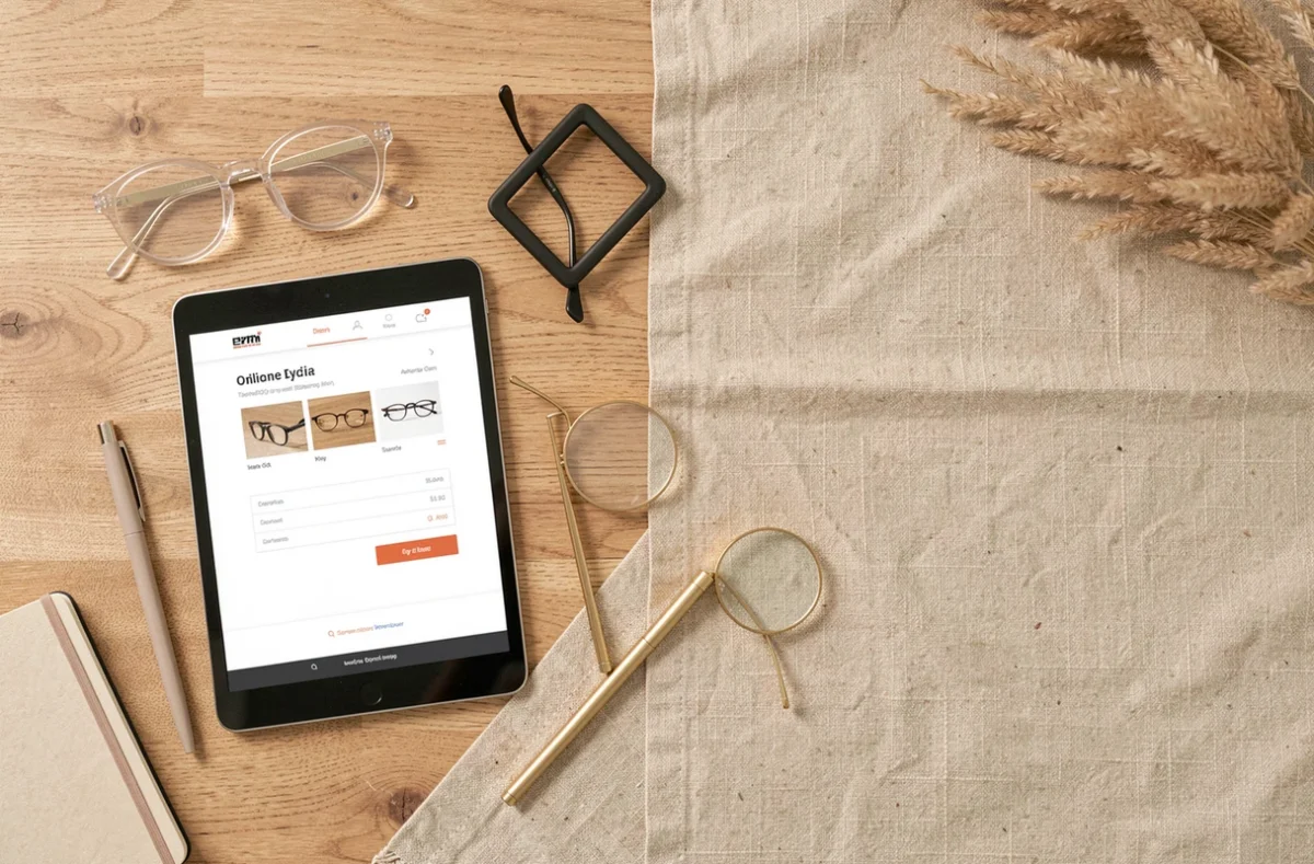 Flat lay de trois paires de lunettes tendance 2026 avec une tablette affichant un site d'achat d'optique sécurisé en ligne