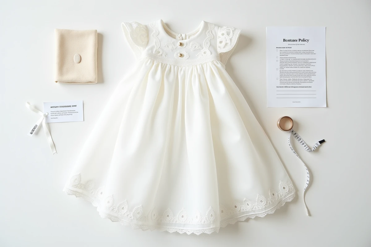 Flat lay détaillé d'une robe de baptême bébé blanche avec étiquette de taille, mètre ruban et checklist de vérification avant achat en ligne